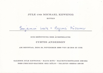 CURTIS ANDERSON. 18. NOVEMBER 1990, GALERIE JULE KEWENIG [invitation card/ Einladungskarte]