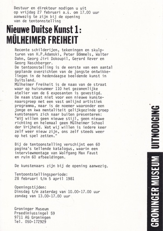 Nieuwe Duitse Kunst 1: MÜLHEIMER FREIHEIT. Groninger Museum 1981 [invitation card/ Einladungskarte]